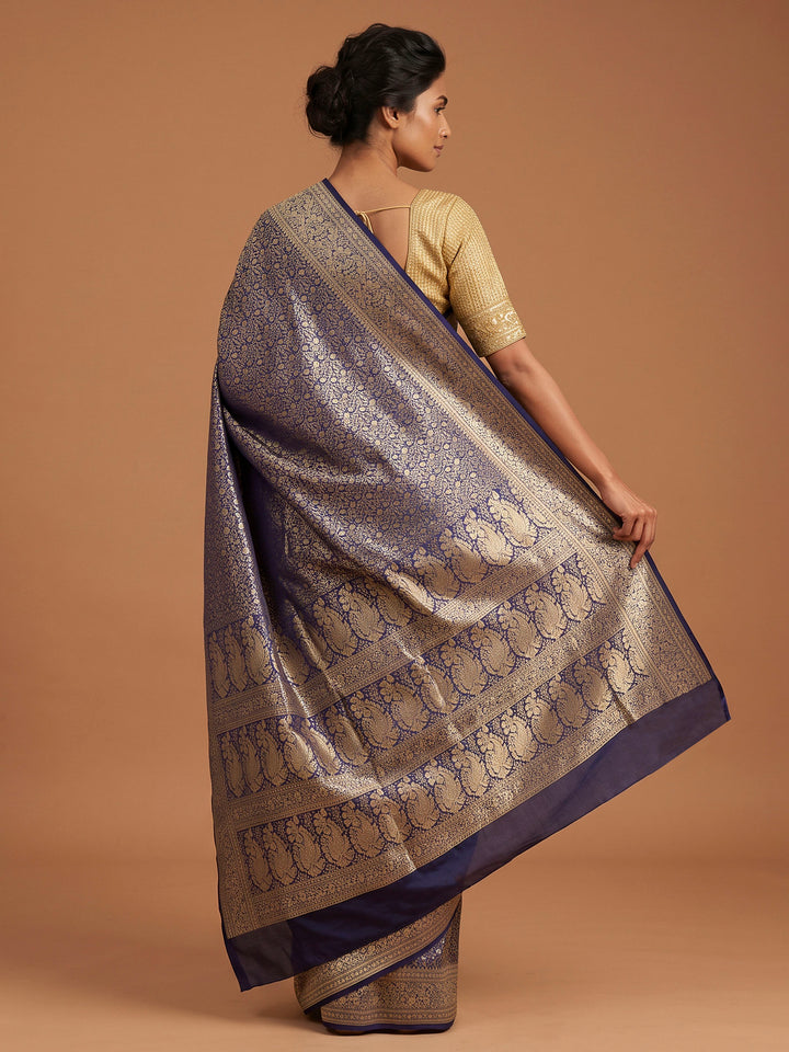 Navy Blue Satin Woven Saree