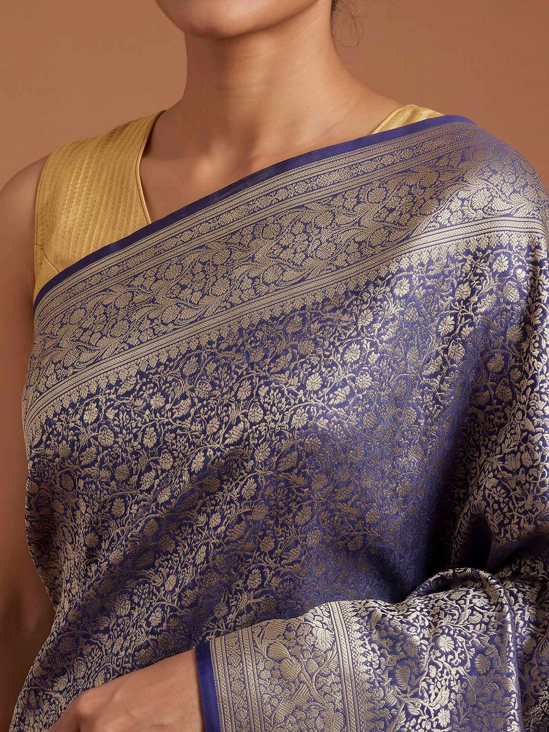 Navy Blue Satin Woven Saree