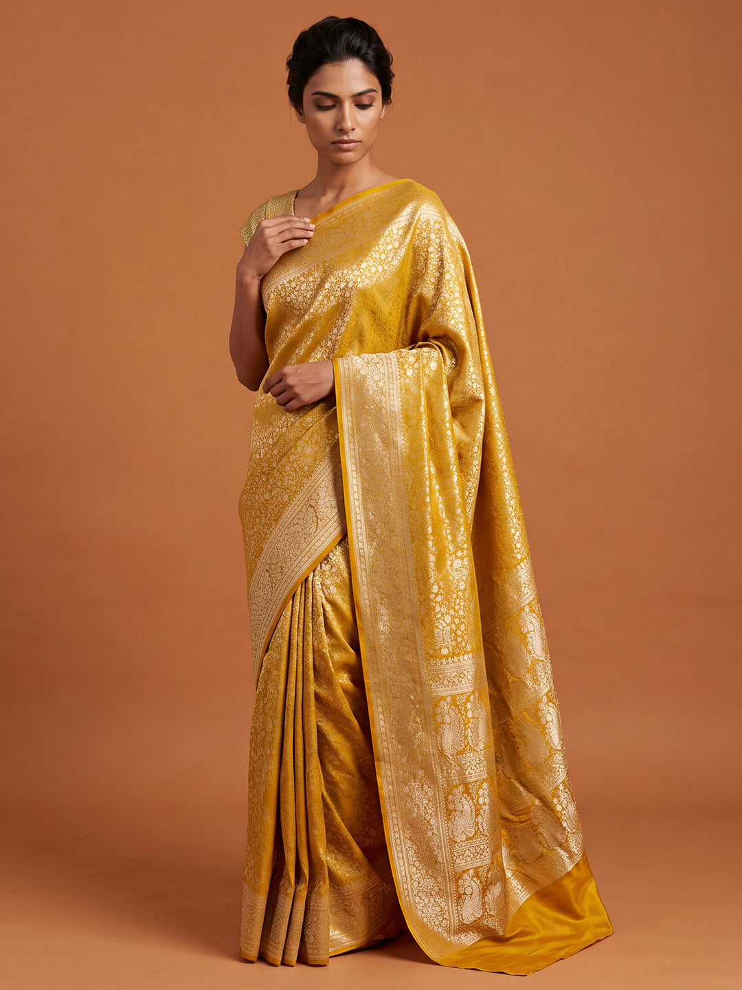 Yellow Satin Woven Saree