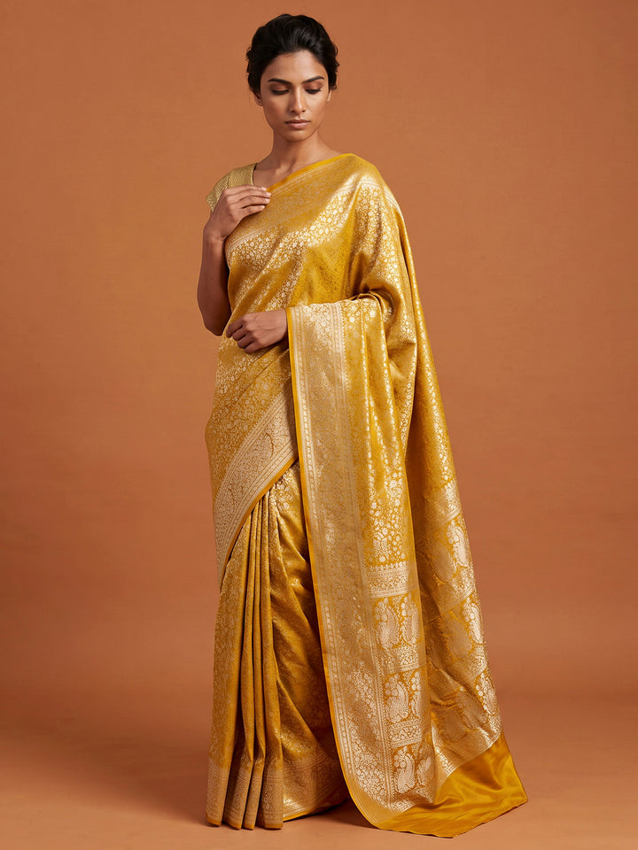 Yellow Satin Woven Saree