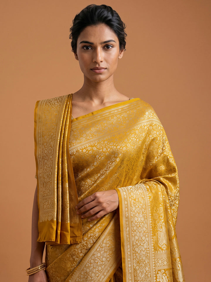 Yellow Satin Woven Saree