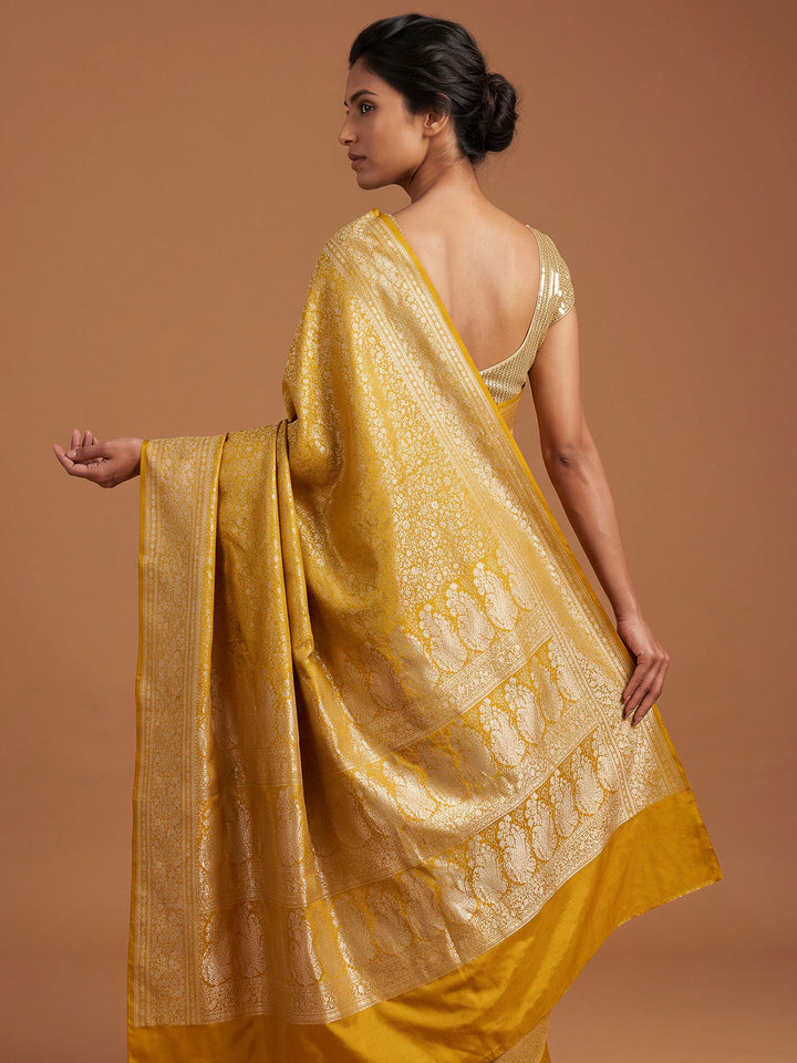 Yellow Satin Woven Saree