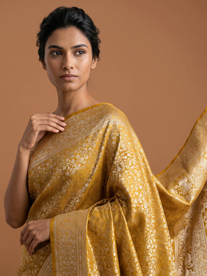 Yellow Satin Woven Saree