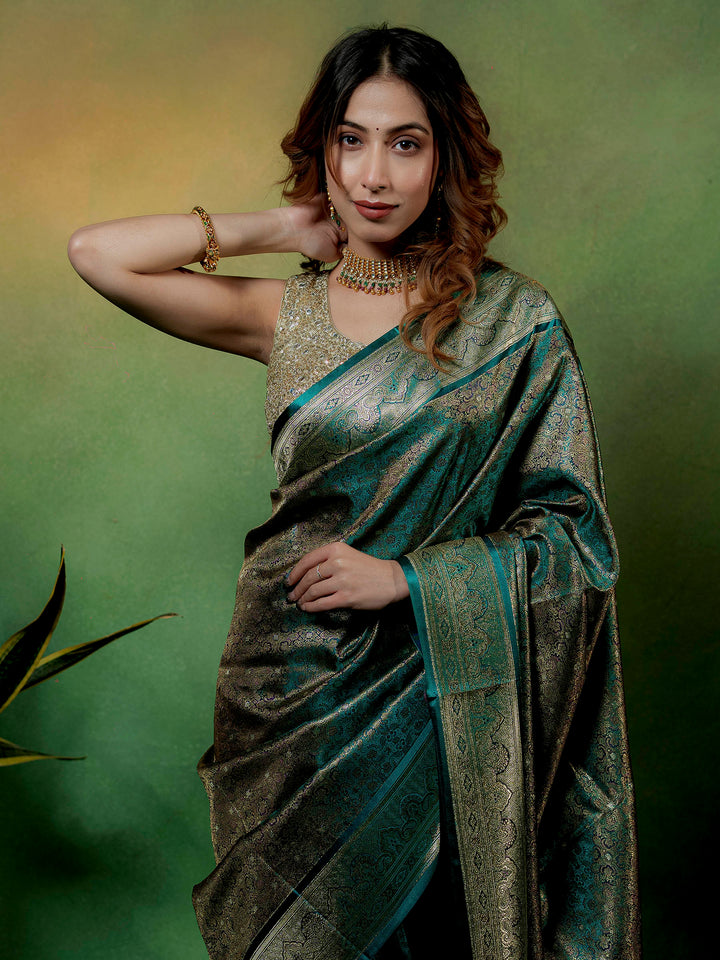 Rama-Green Woven Design Satin Saree