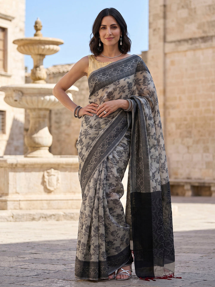 Black Woven Design Cotton Blend Saree