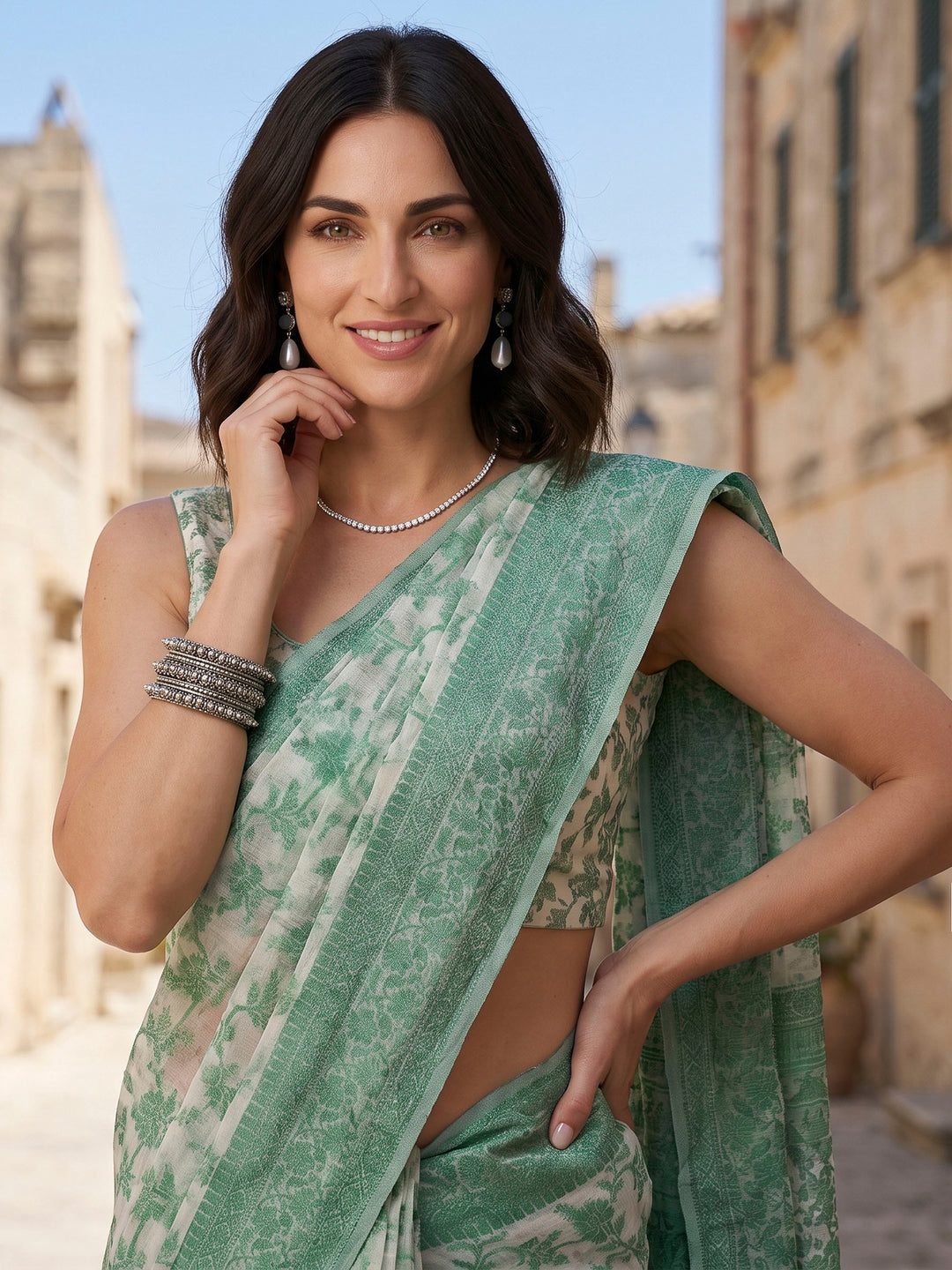 Green Woven Design Cotton Blend Saree