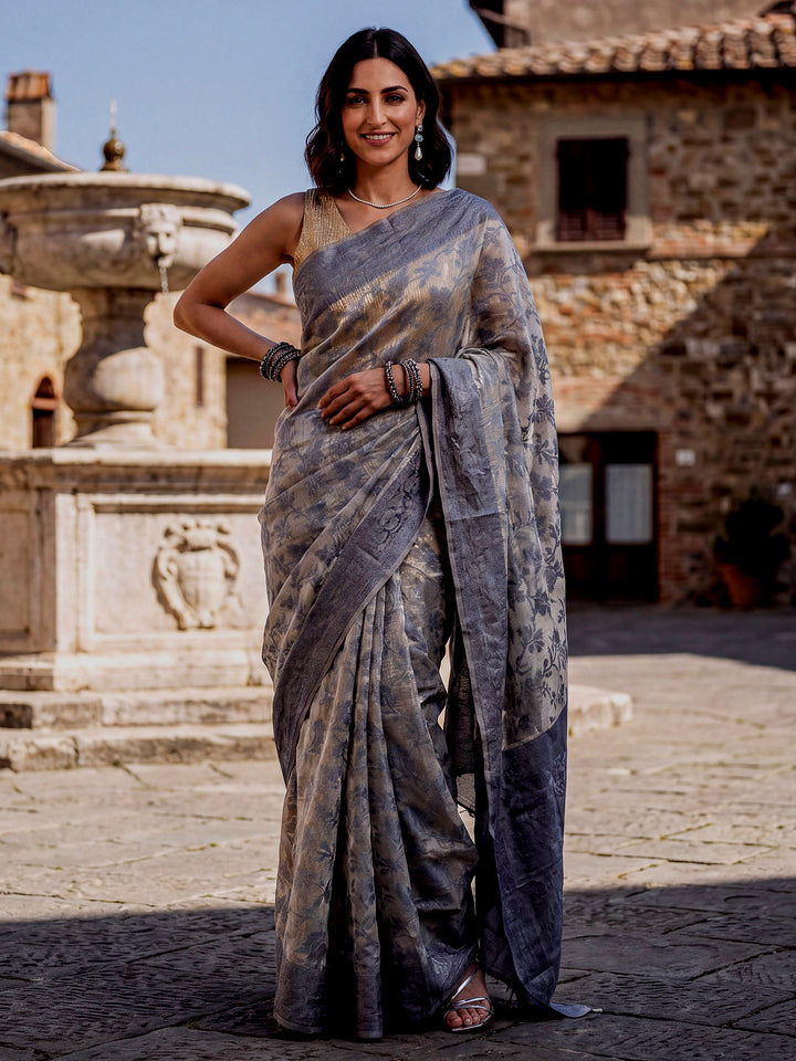 Sky-Blue Woven Design Cotton Saree
