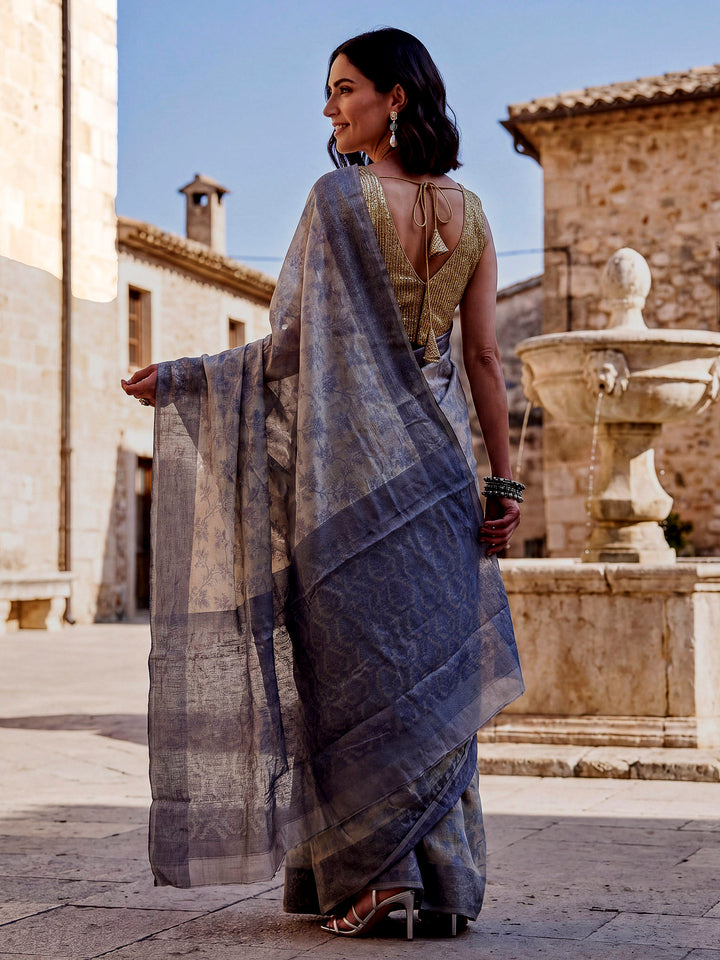 Sky-Blue Woven Design Cotton Saree