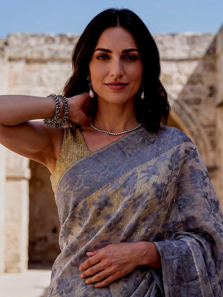 Sky-Blue Woven Design Cotton Saree