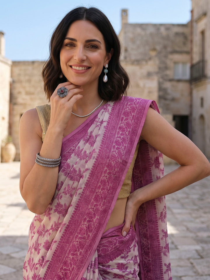 Magenta Woven Design Cotton Blend Saree