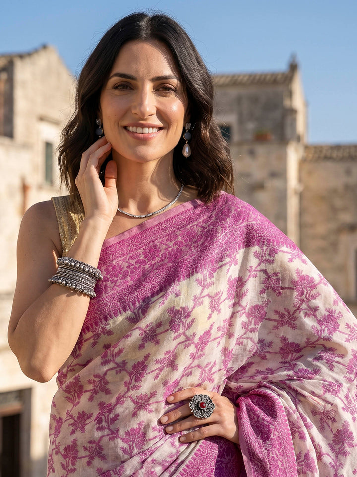 Magenta Woven Design Cotton Blend Saree