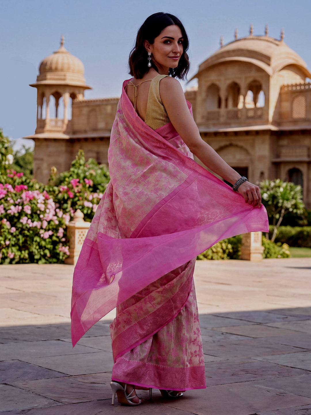 Pink-Cream Woven Design Cotton Saree