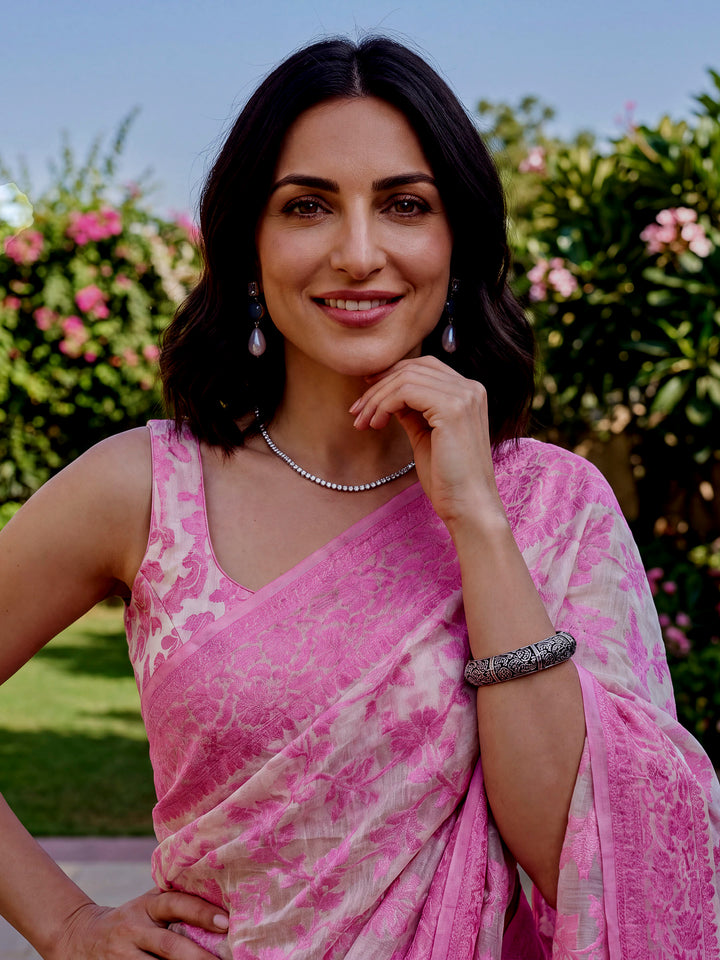 Pink-Cream Woven Design Cotton Saree