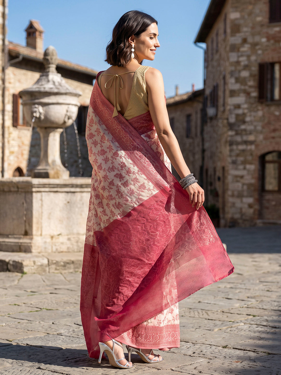 Red Woven Design Cotton Blend Saree