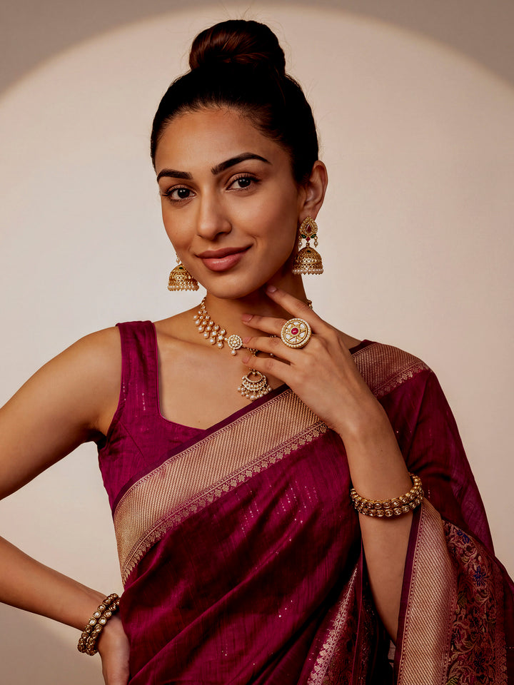 Magenta Woven Design Cotton Saree