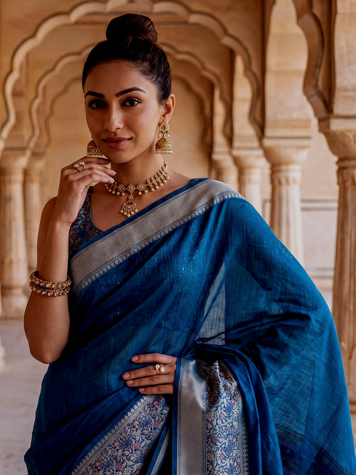 Peacock-Blue Woven Design Cotton Saree