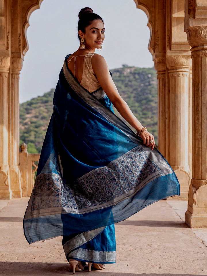 Peacock-Blue Woven Design Cotton Saree