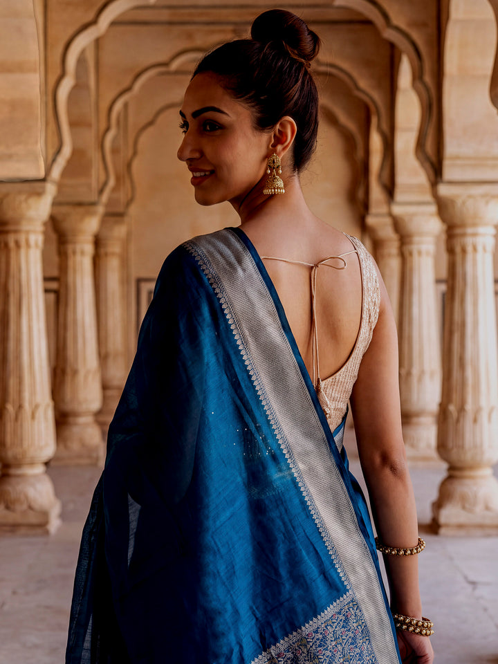 Peacock-Blue Woven Design Cotton Saree