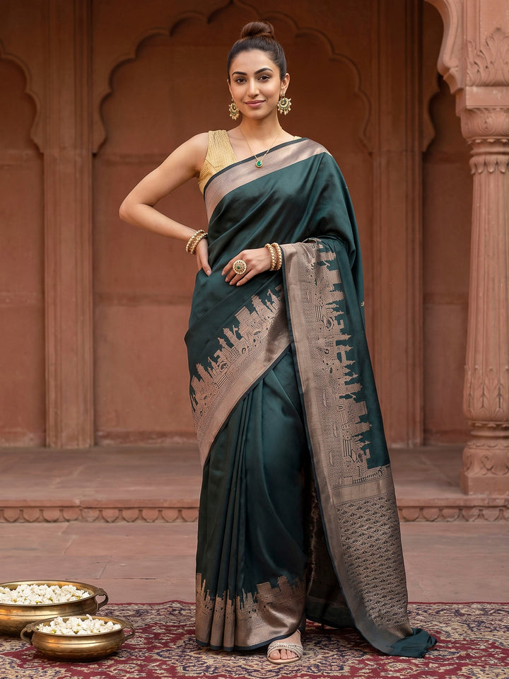 Bottle Green Banarasi Woven Saree