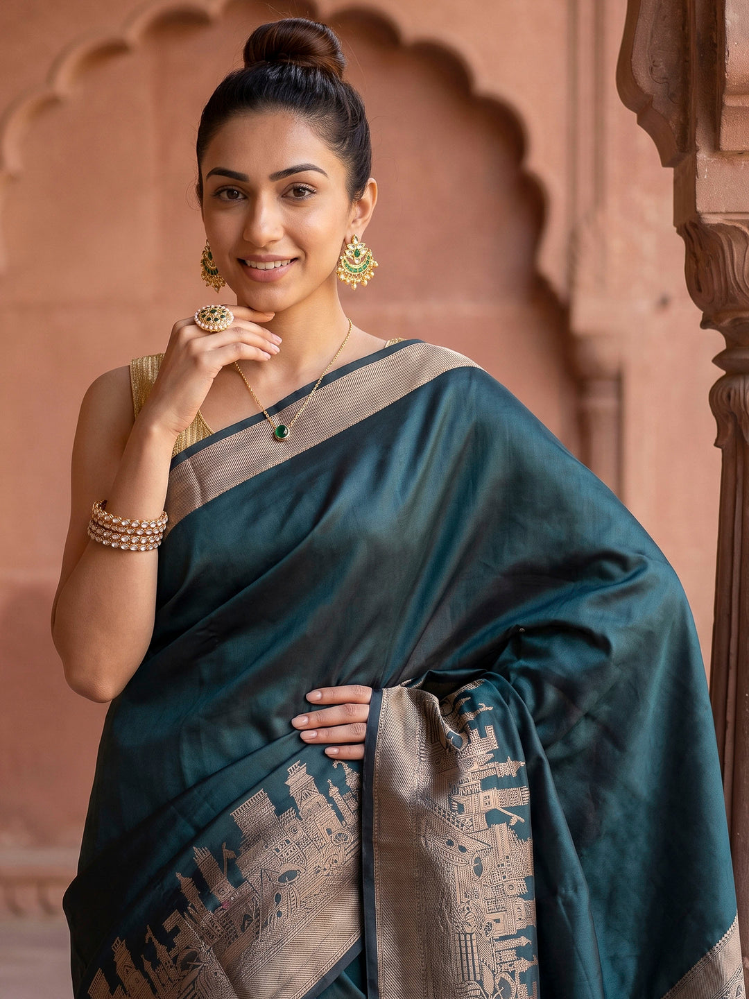 Bottle Green Banarasi Woven Saree
