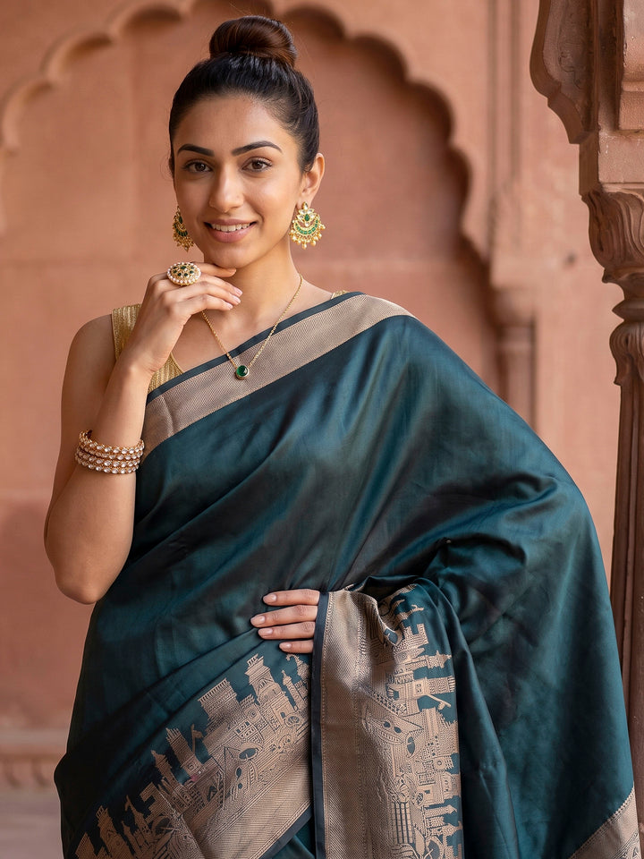 Bottle Green Banarasi Woven Saree