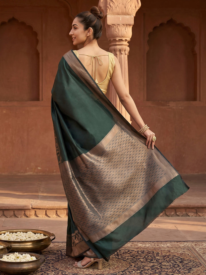 Bottle Green Banarasi Woven Saree