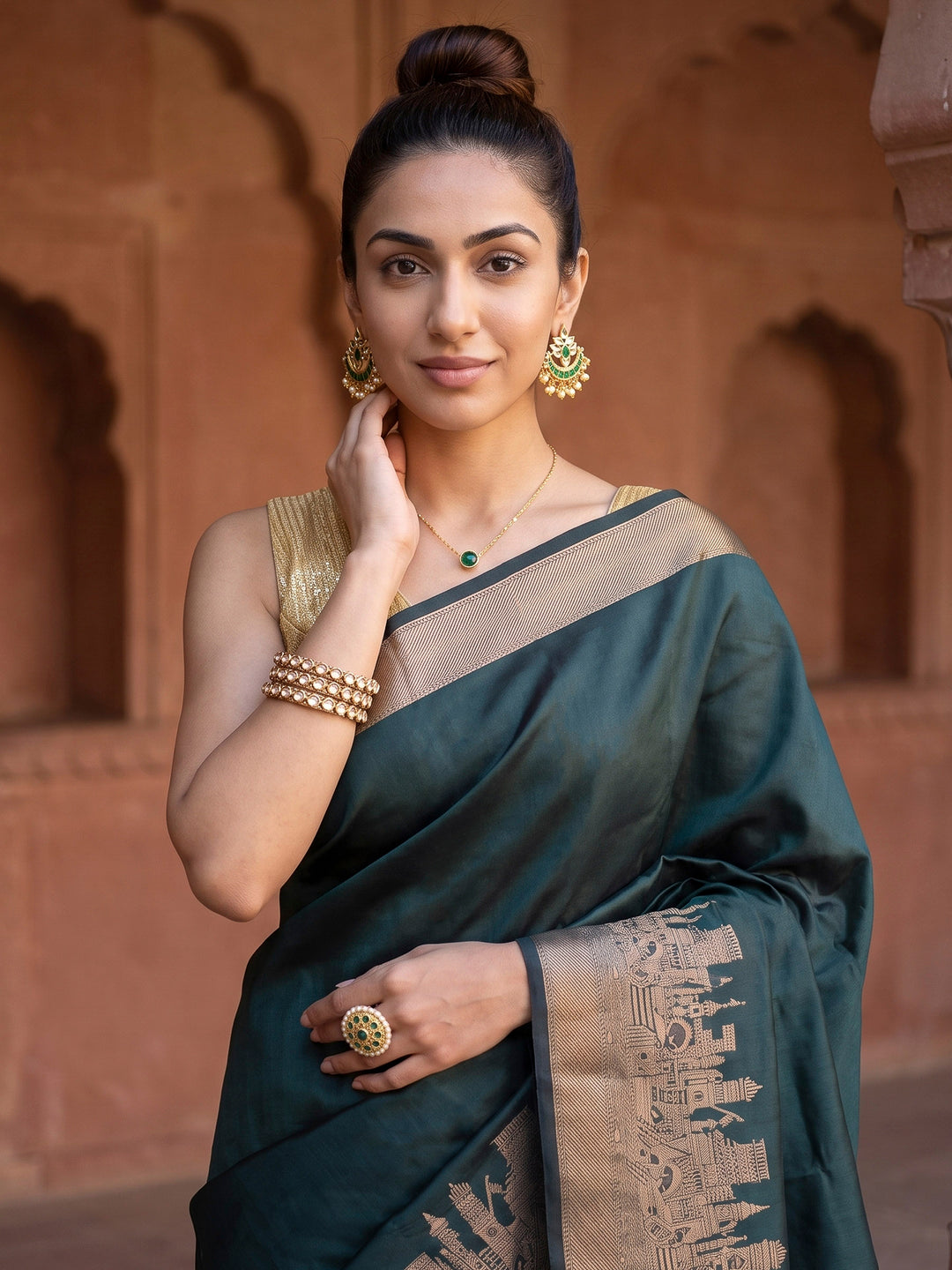 Bottle Green Banarasi Woven Saree