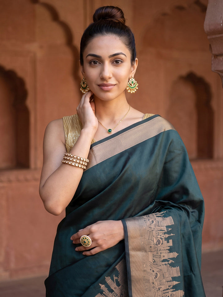Bottle Green Banarasi Woven Saree