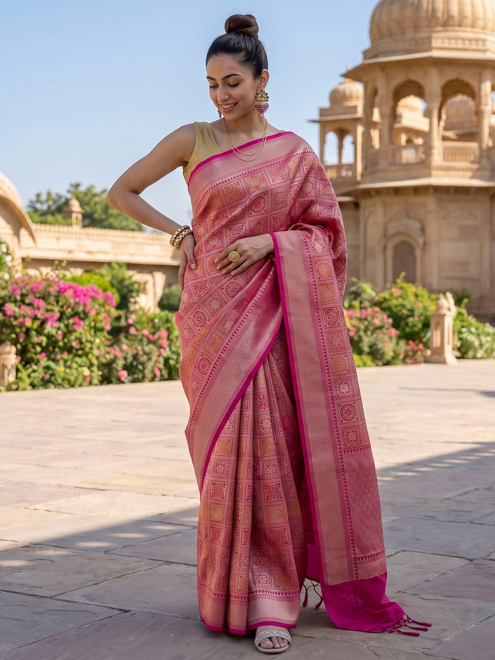 Pink Cotton Blend Woven Saree