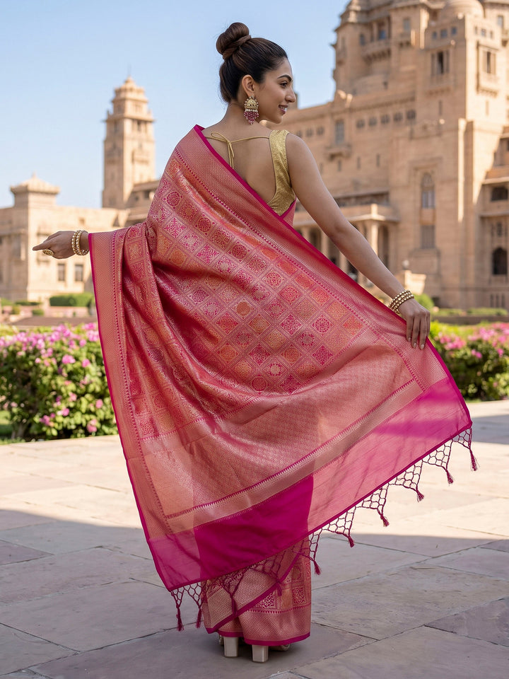 Pink Cotton Blend Woven Saree