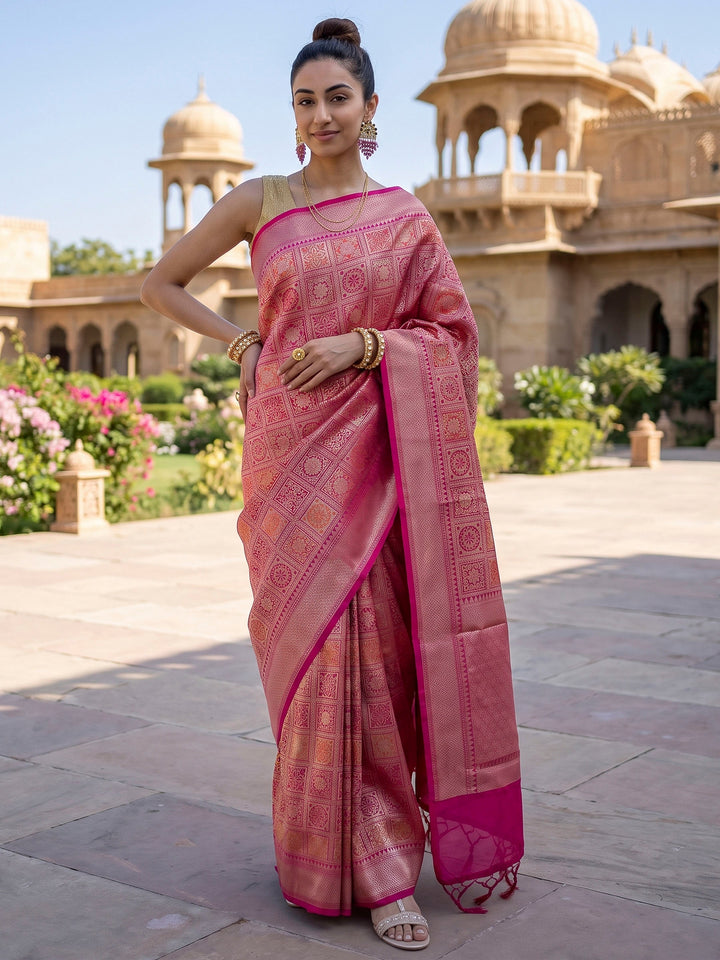 Pink Cotton Blend Woven Saree