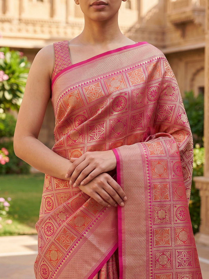 Pink Cotton Blend Woven Saree