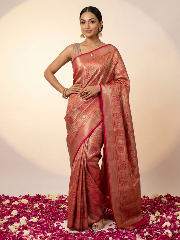 Red Cotton Blend Woven Saree