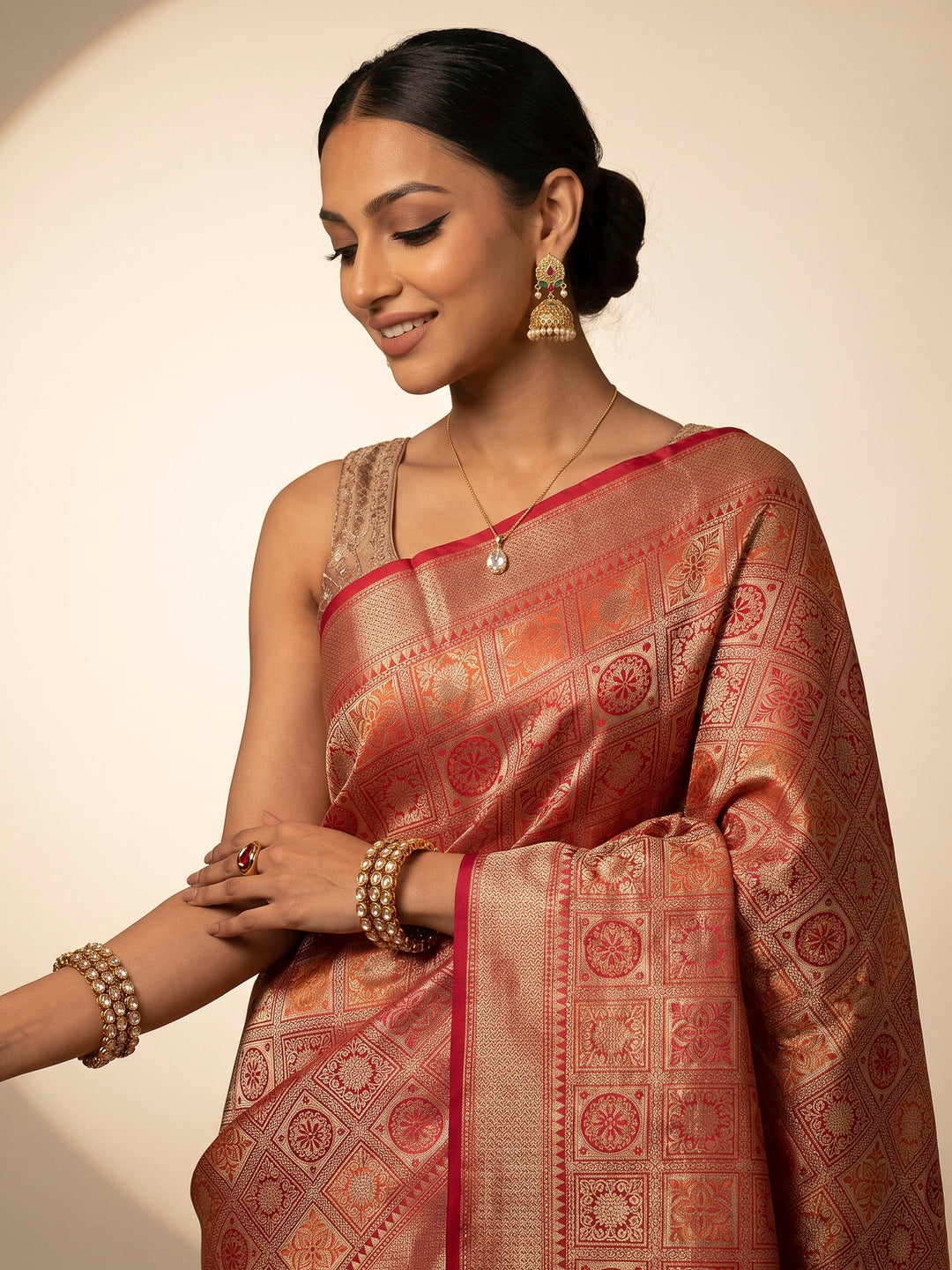 Red Cotton Blend Woven Saree