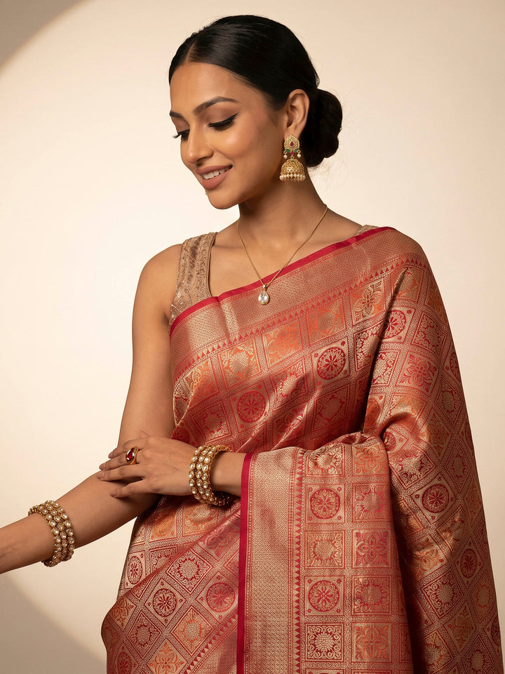 Red Cotton Blend Woven Saree
