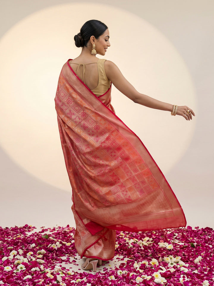 Red Cotton Blend Woven Saree