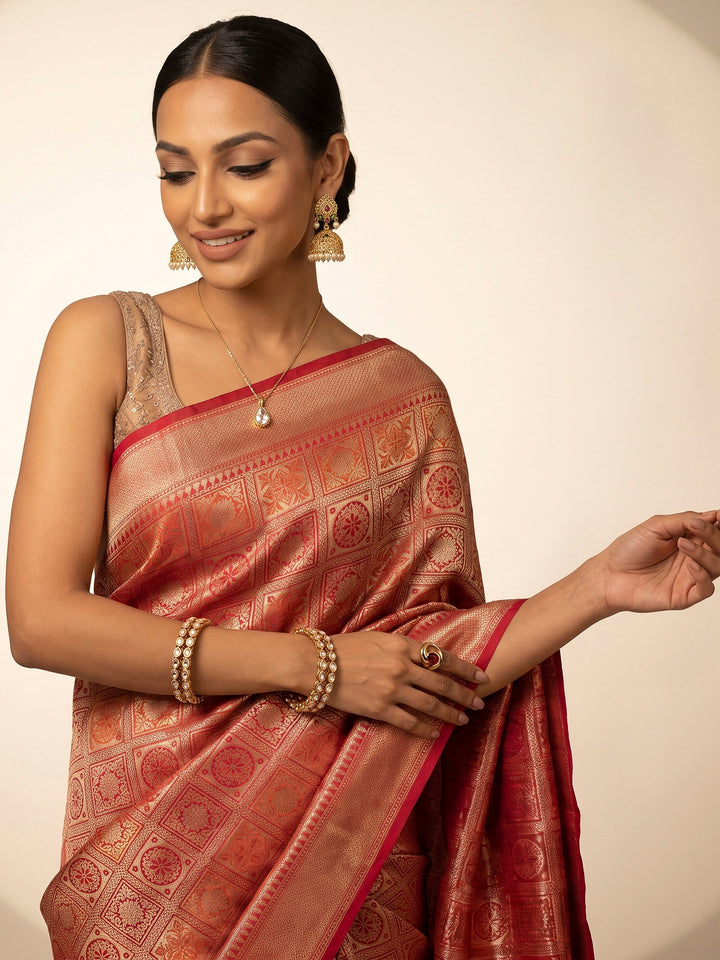 Red Cotton Blend Woven Saree