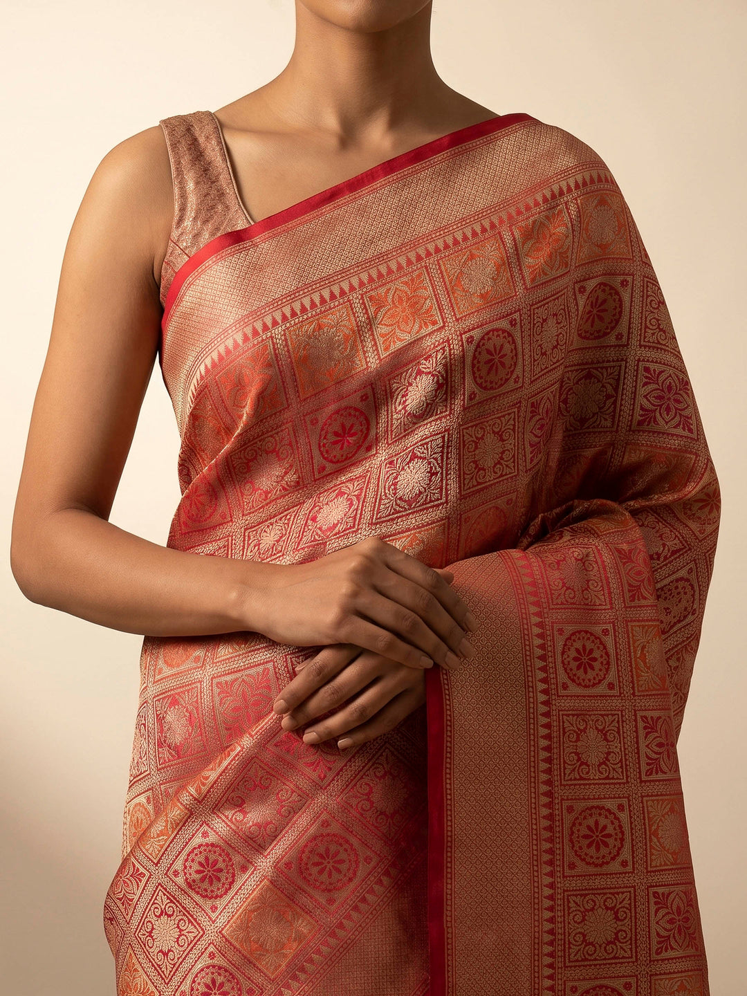 Red Cotton Blend Woven Saree