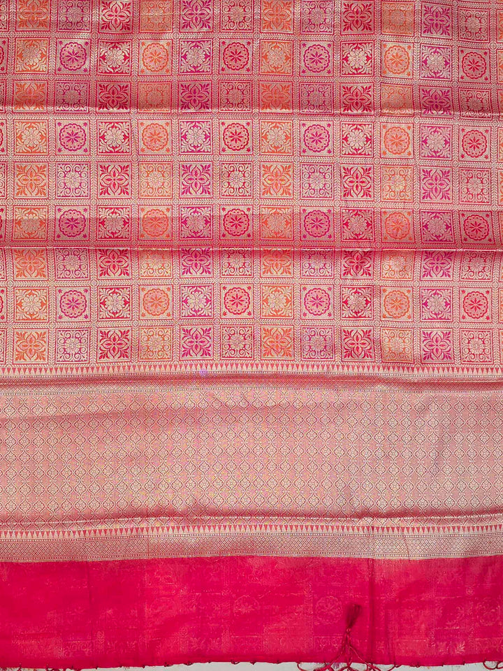 Red Cotton Blend Woven Saree