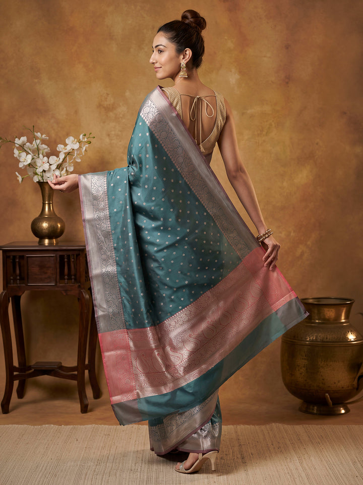 Teal Blue Woven Design Banarasi Saree