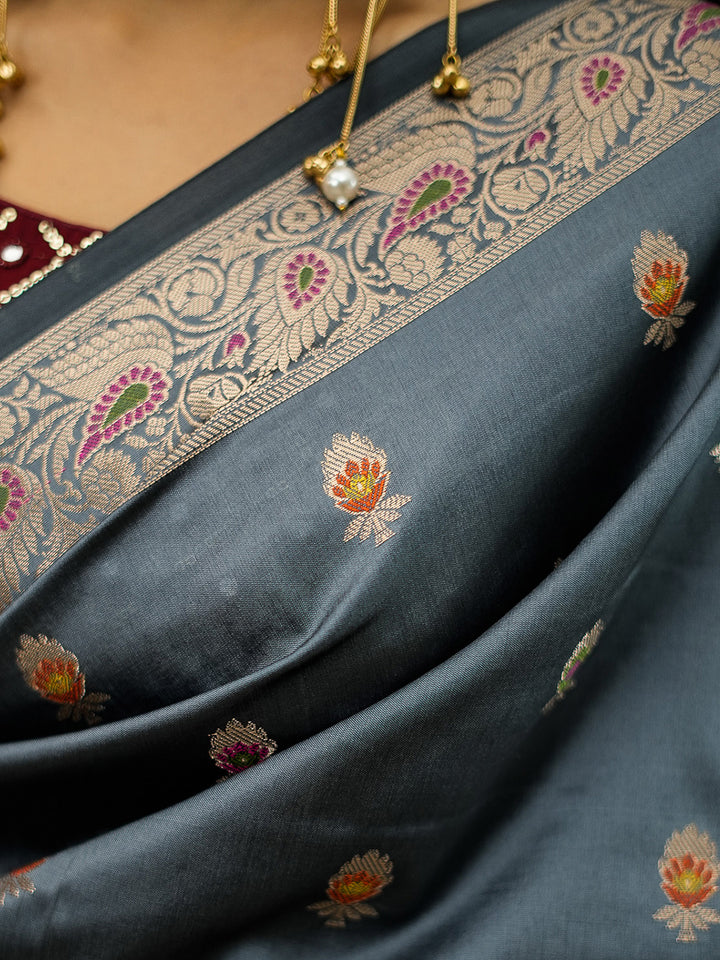 Grey Woven Design Art Katan Saree