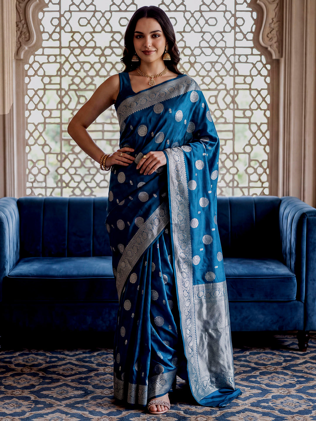 Peacock-Blue Woven Design Art Katan Saree