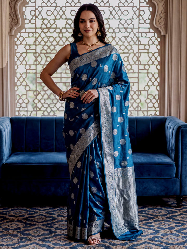 Peacock-Blue Woven Design Art Katan Saree