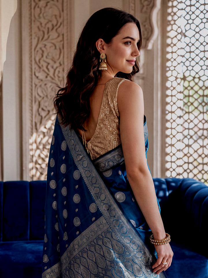 Peacock-Blue Woven Design Art Katan Saree