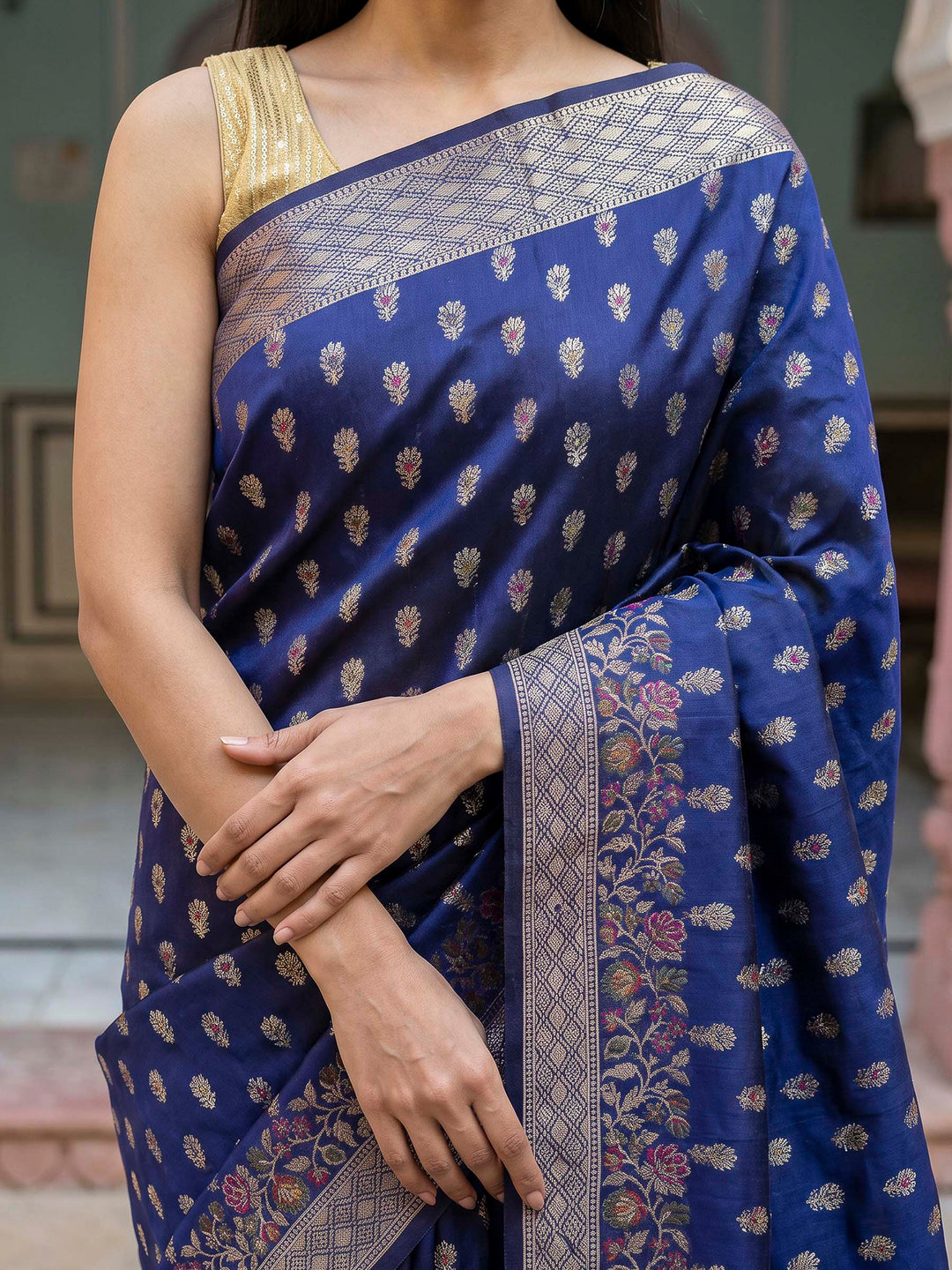 Navy Blue Banarasi Woven Saree