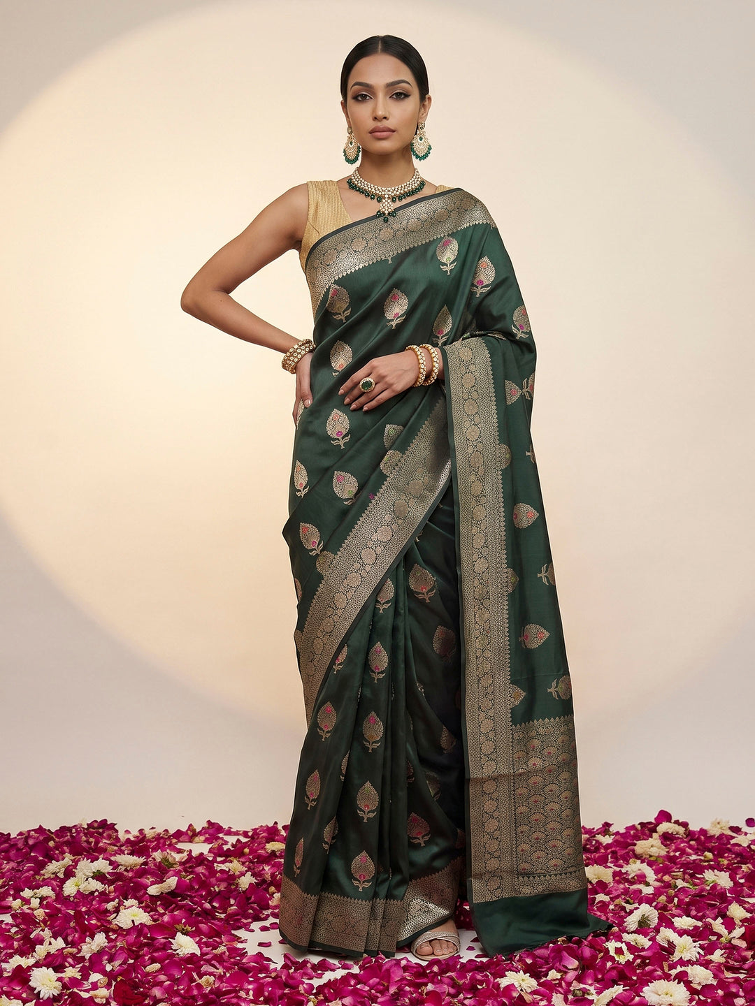 Bottle Green Banarasi Woven Saree