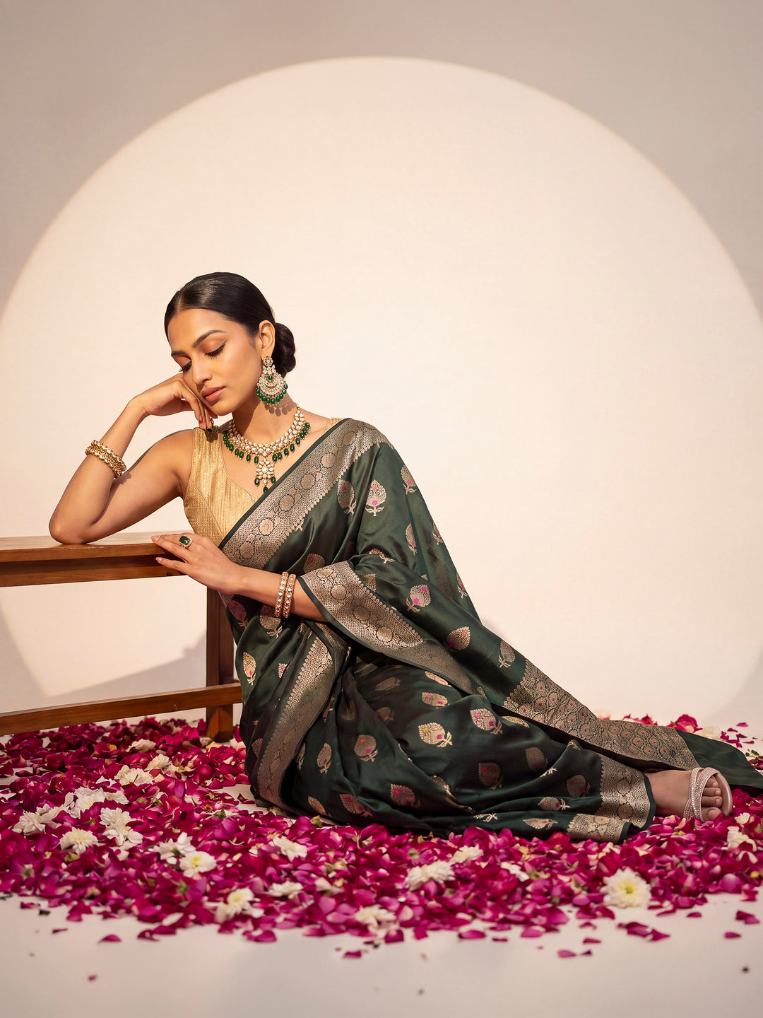 Bottle Green Banarasi Woven Saree