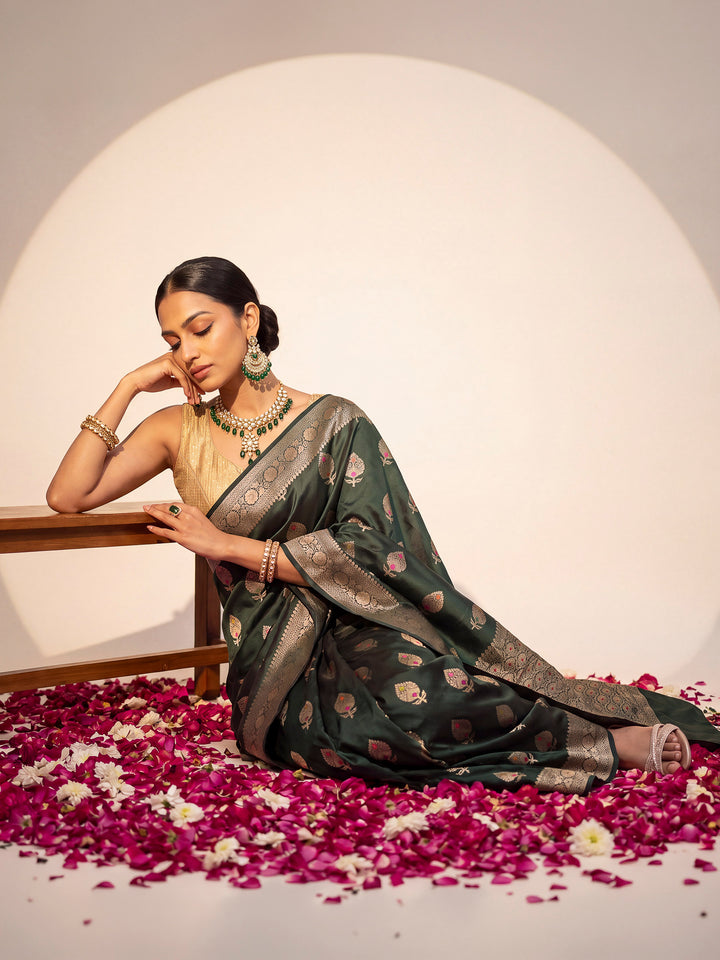 Bottle Green Banarasi Woven Saree