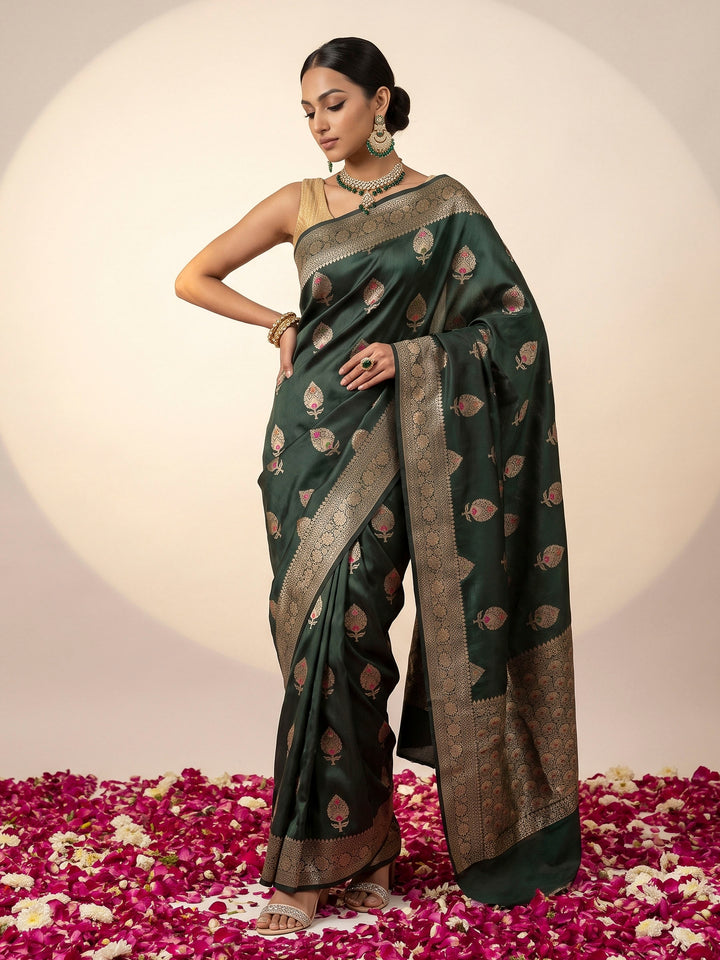 Bottle Green Banarasi Woven Saree