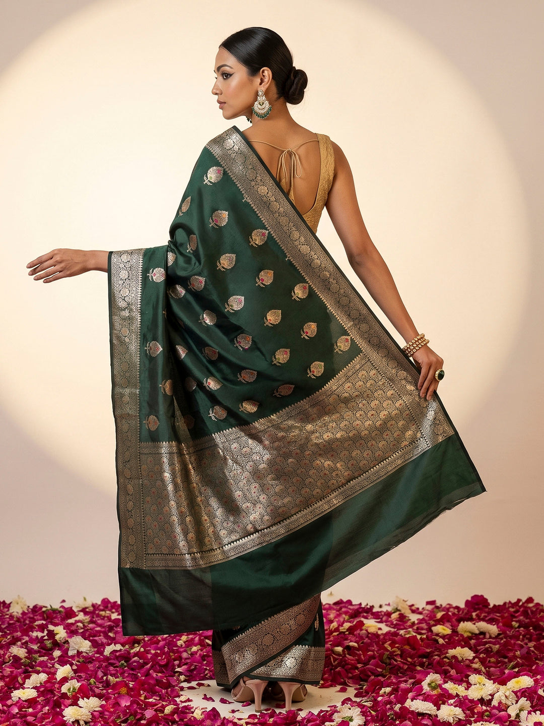 Bottle Green Banarasi Woven Saree